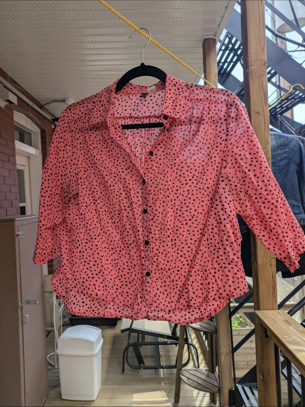 Women’s Coral Pink Button-Down Blouse with Black Dot Print - Picture 8 of 8